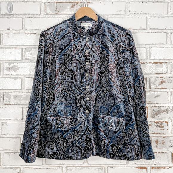 Coldwater Creek Boho Blue and Brown Velvet Burnout Mock Neck Blazer L - Picture 1 of 12